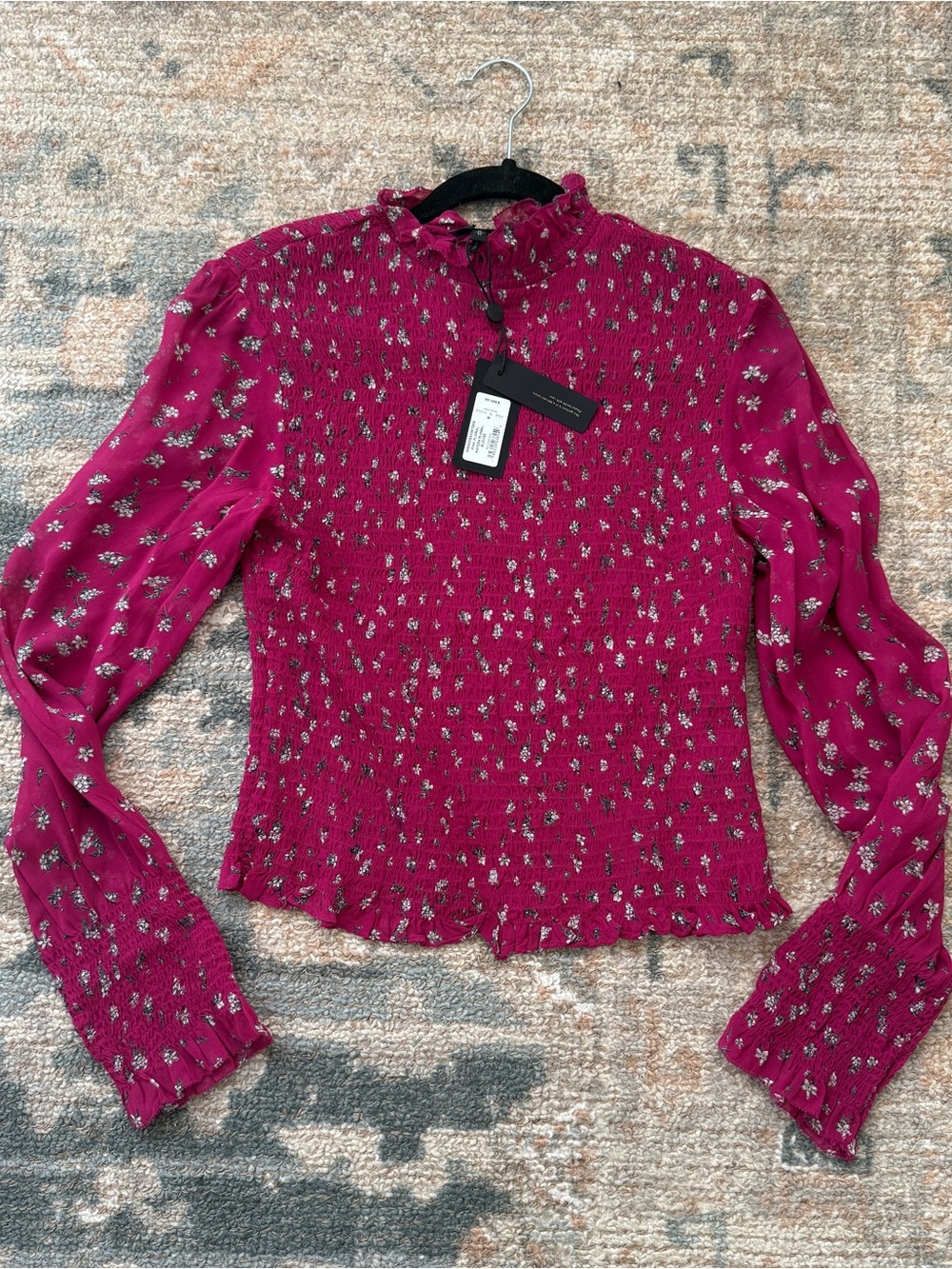 rag & bone Magenta Floral Smocked Ruffle-Neck Blouse
